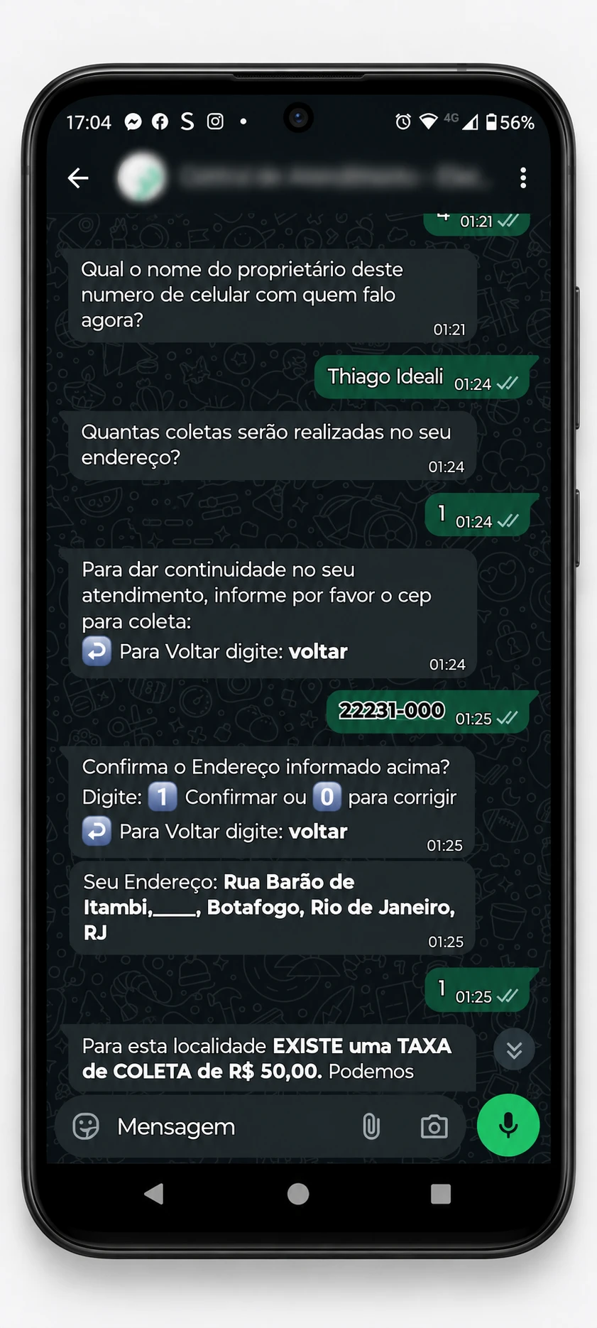 Solicitação da coleta pelo WhatsApp