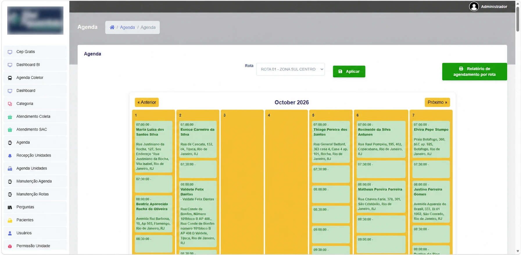 Agenda e organização das coletas