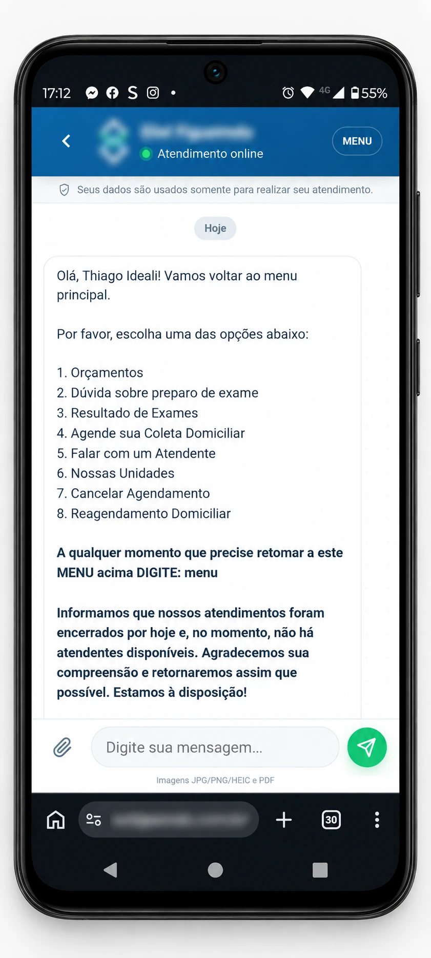 Etapas da coleta no chat do site
