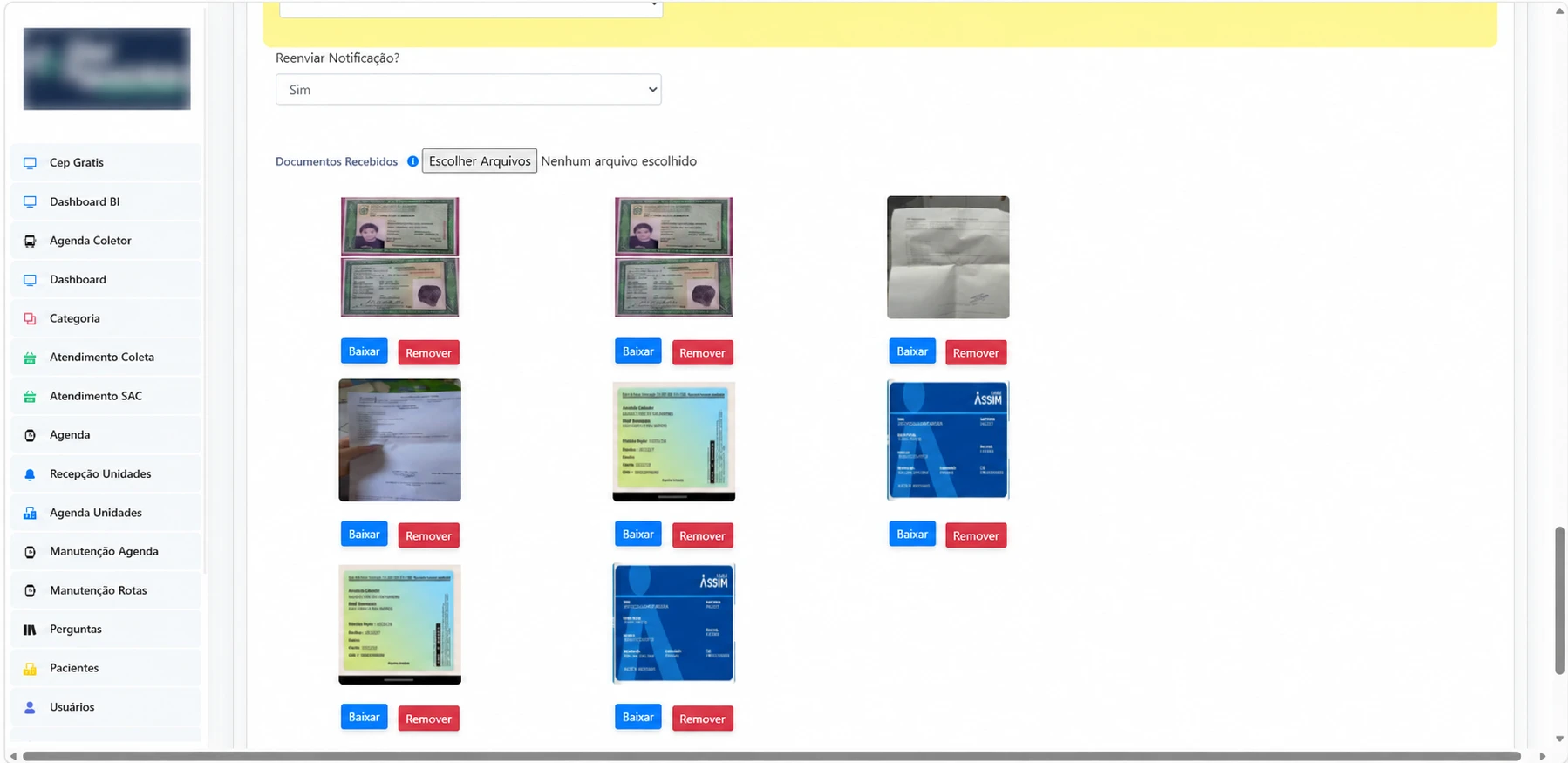Documentos e informações do atendimento