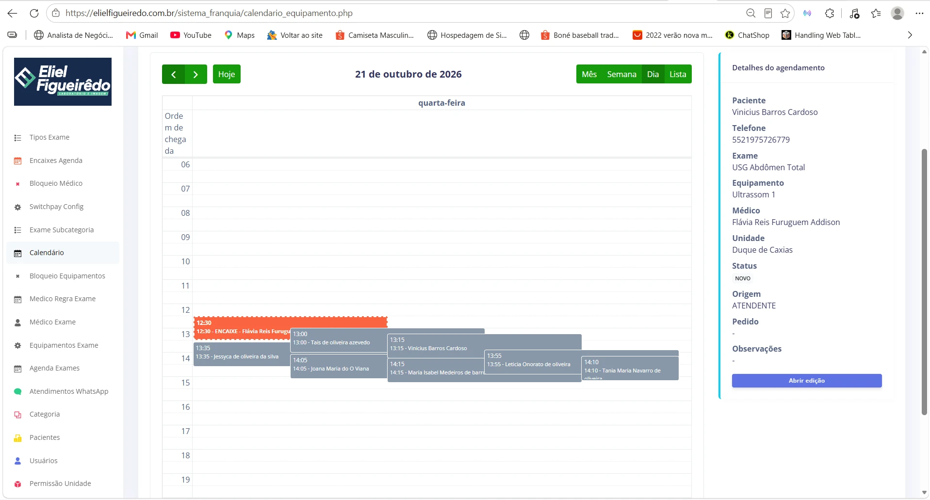 Calendário e gestão da agenda de exames