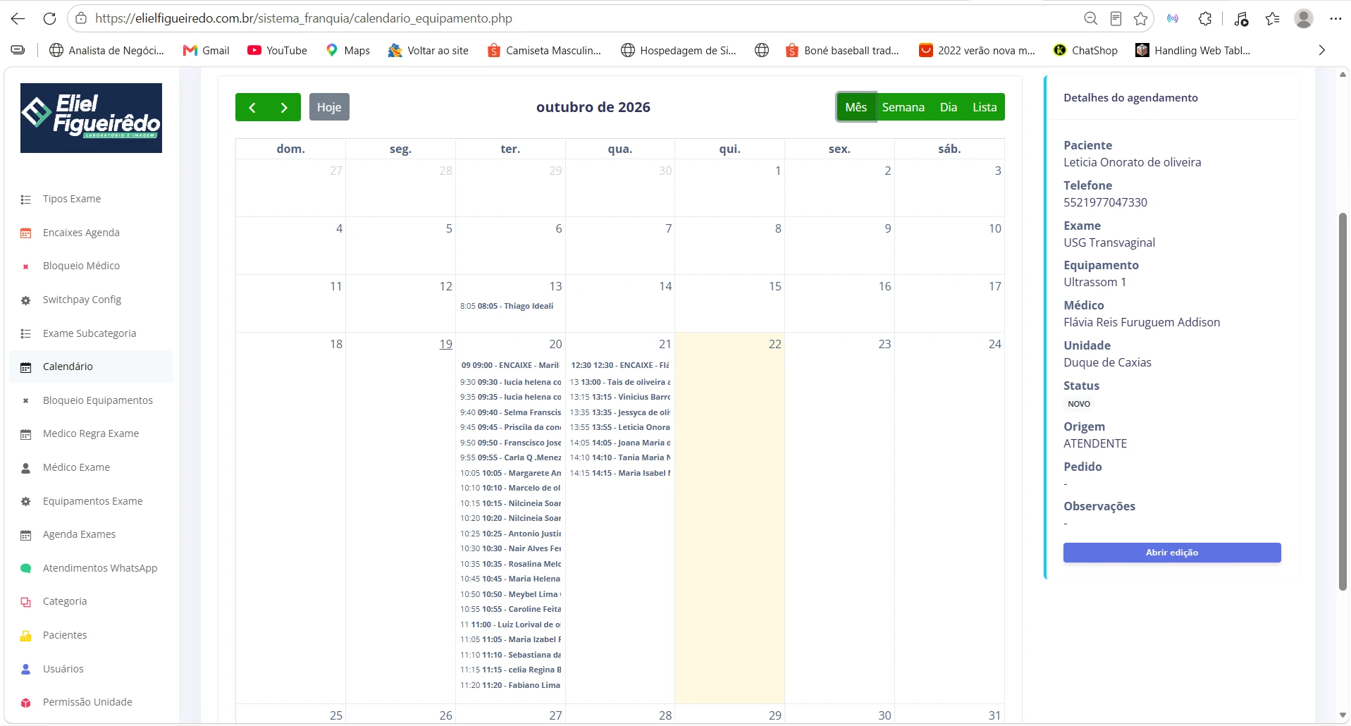 Visualização dos agendamentos e horários