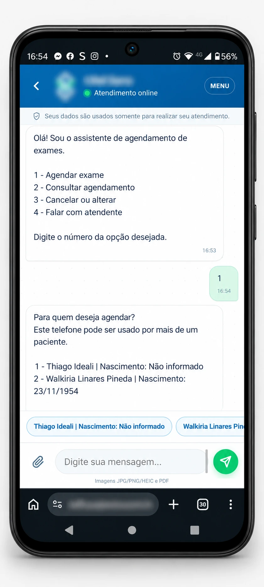 Conversa de agendamento de exames pelo site
