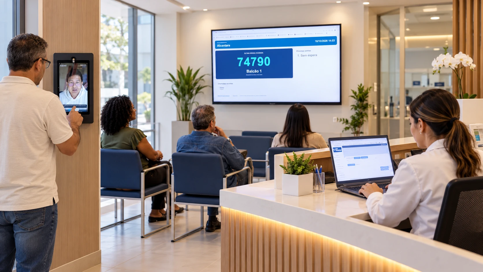 Laboratório com pacientes, recepcionista, tablet com avatar e painel de chamadas